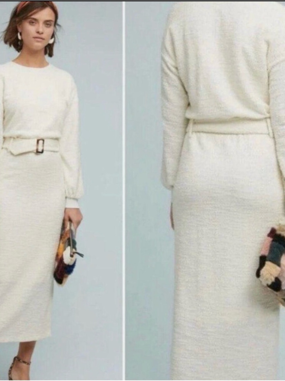 NEVER WORN! Anthropologie Elegant Cream Textured Knit Belted Midi Dress